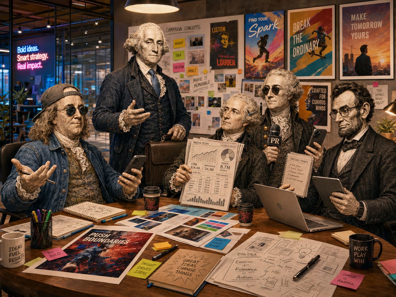 Communicate — historical figures reimagined as a modern GCC advertising creative team
